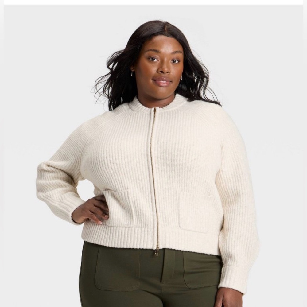 Ava & Viv Cream Textured Zip-Up Cardigan